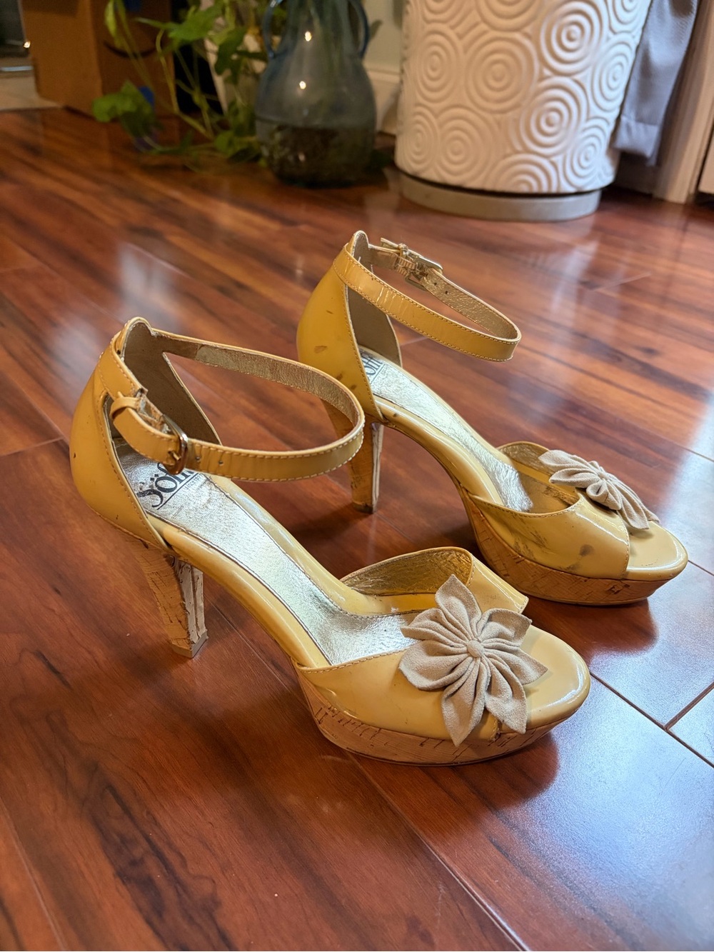 Sofft Yellow Ankle-Strap Peep-Toe Heels with Floral Accent